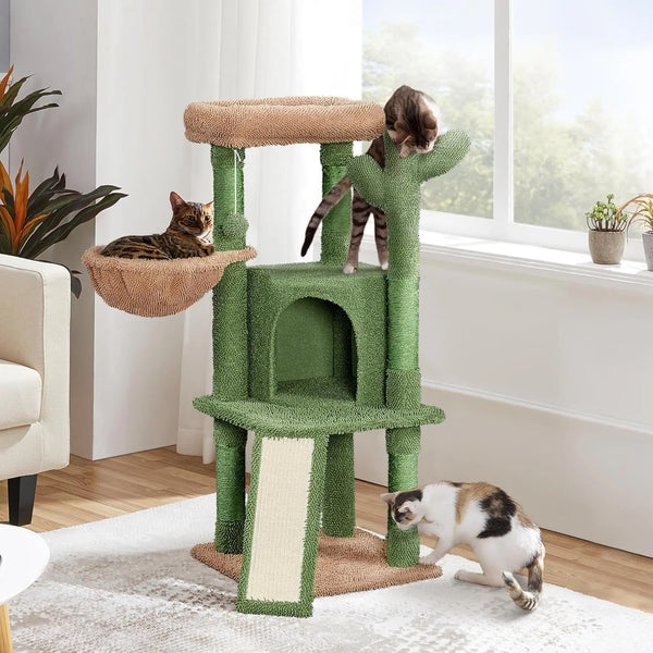 Cactus Cat Tree, 42in Cat Tower for Indoor, Multi Level Condo Scratching Post, Activity Center Pet Furniture w/Ball, Plush Perch
