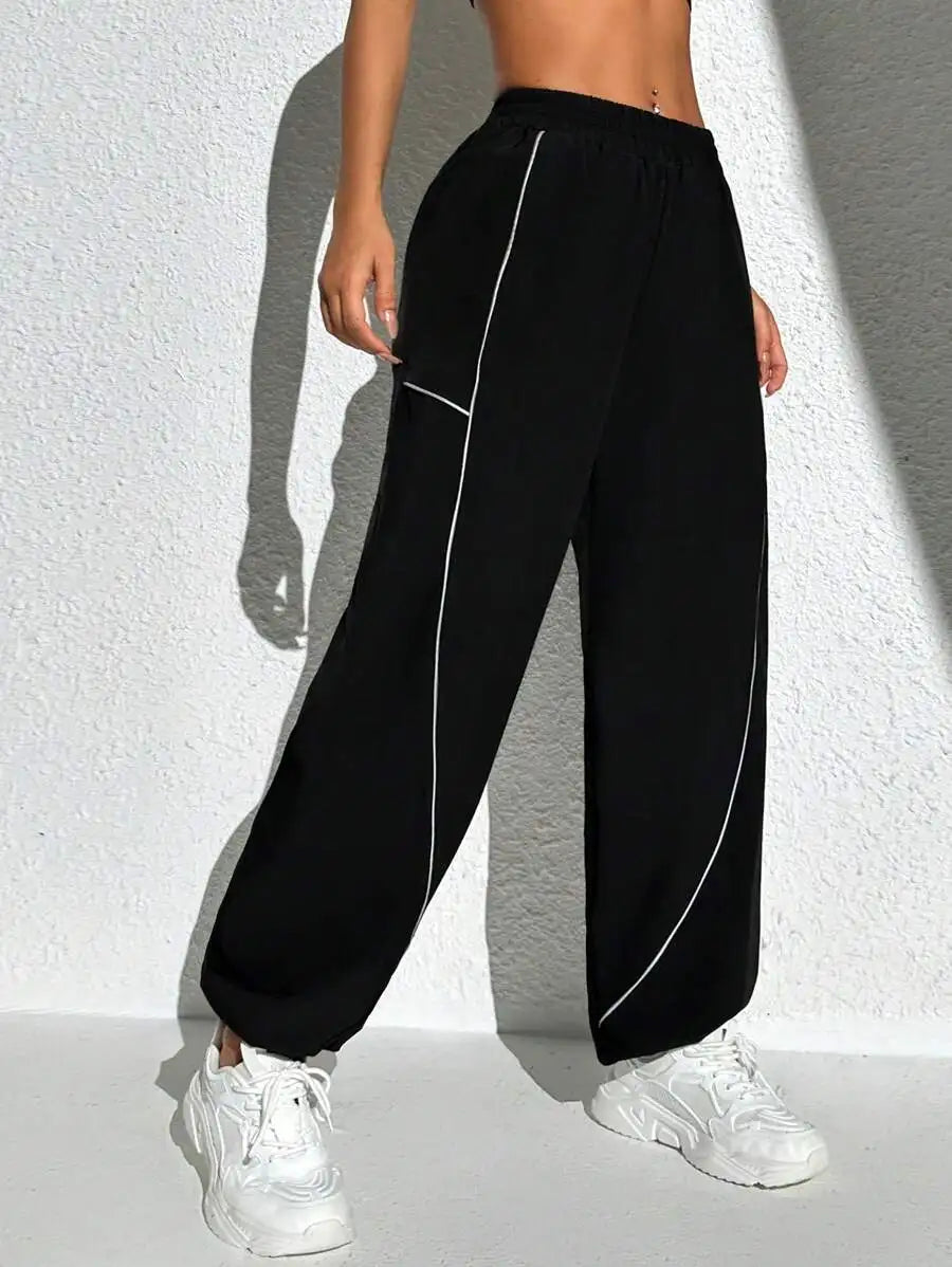 Women's Contrast Seam Polyester Blend Wide Leg Pants with Gathered Ankles