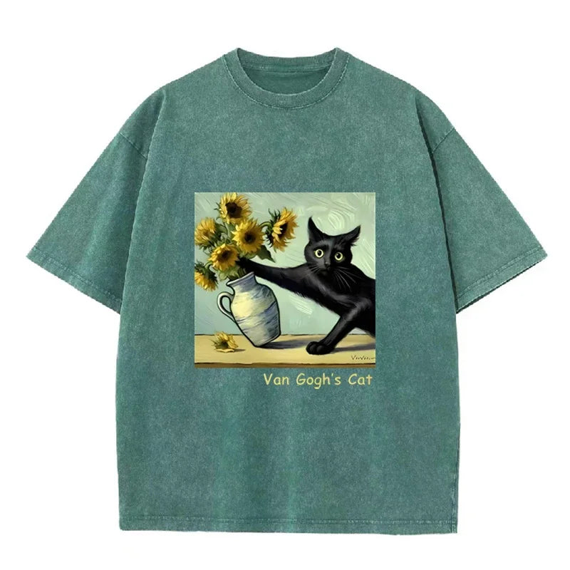Funny  s Cat Sunflower Art Print Vintage Washed Black Casual Top