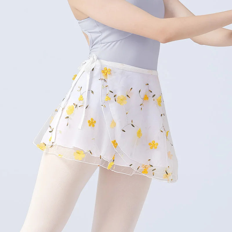 Women's Floral Embroidered Ballet Wrap Skirt with Two Layer Mini Design