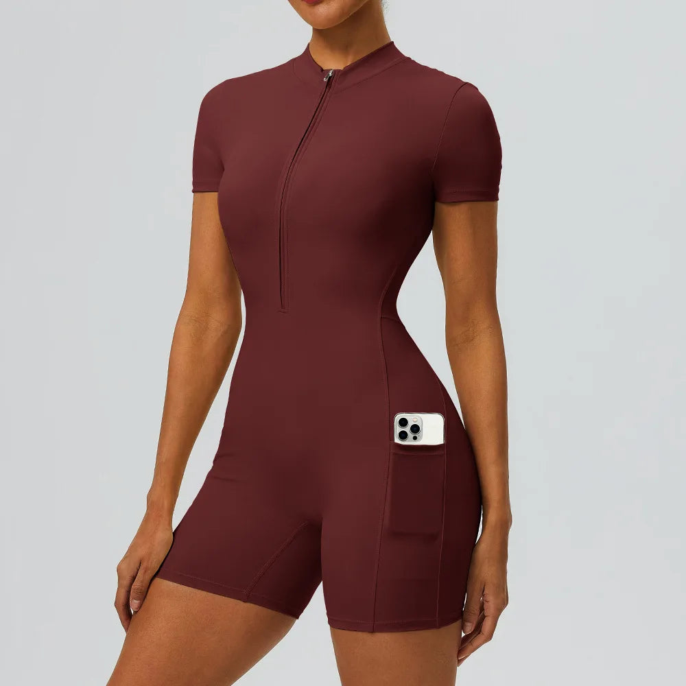 Women's Short Sleeve Zip Front Workout Romper with Open Back