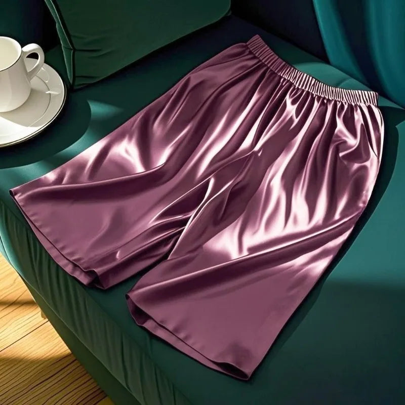 Men's Glossy Solid Elastic Waist Lounge Sleep Shorts