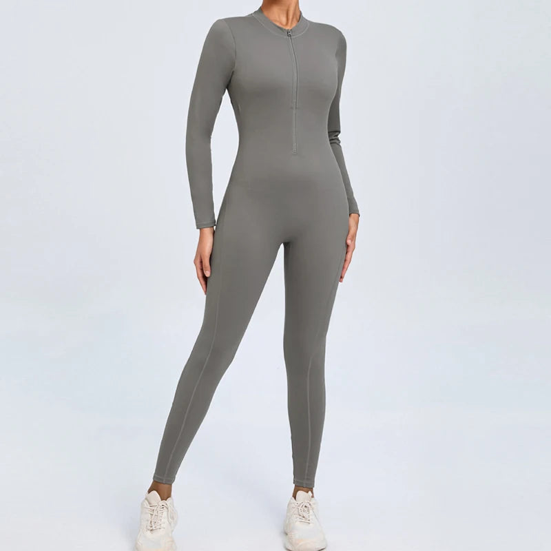 Women's Long Sleeve Nylon Blend Workout Jumpsuit with Oval Back Cutout