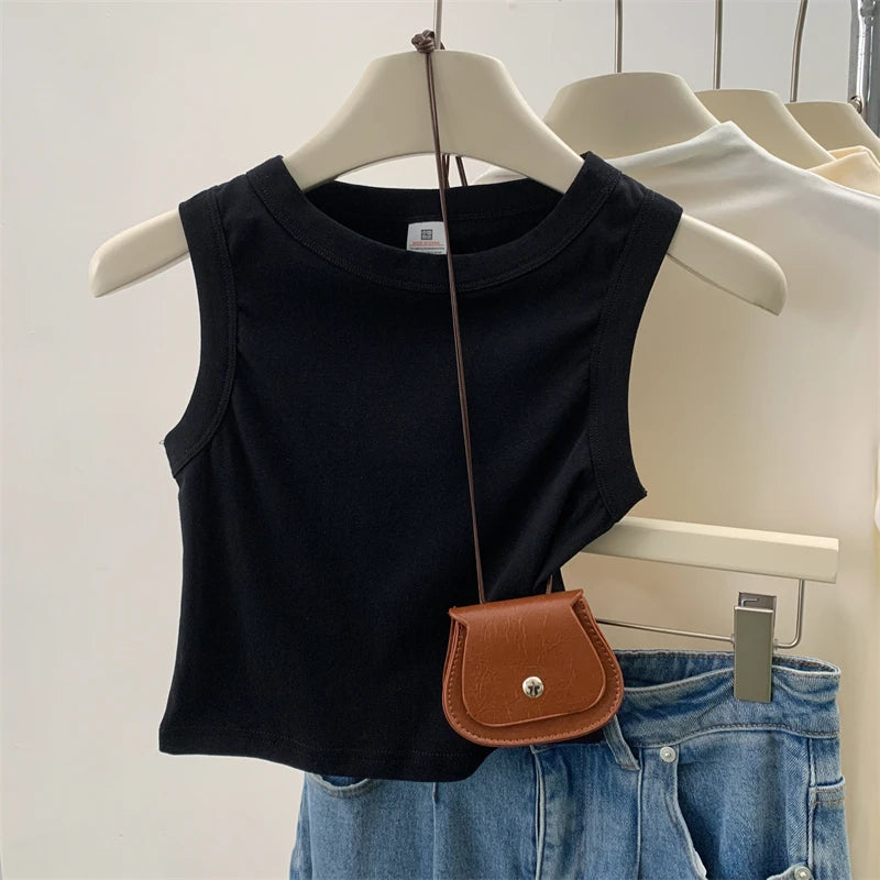 Women's Round Neck Cotton Blend Crop Tank Top with Sleeveless Cut