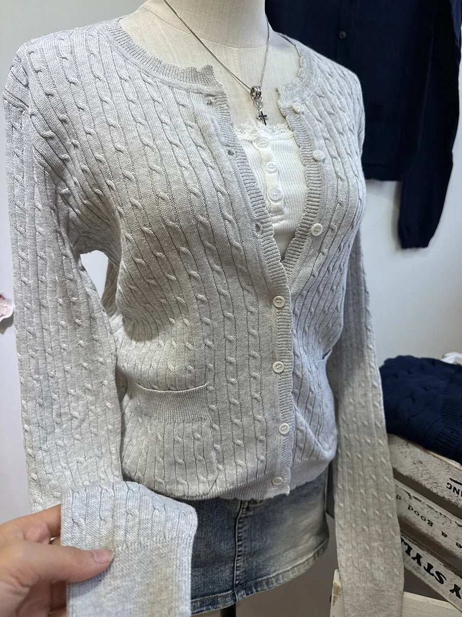 Women's Round Neck Button Front Cardigan Casual Knit Layer