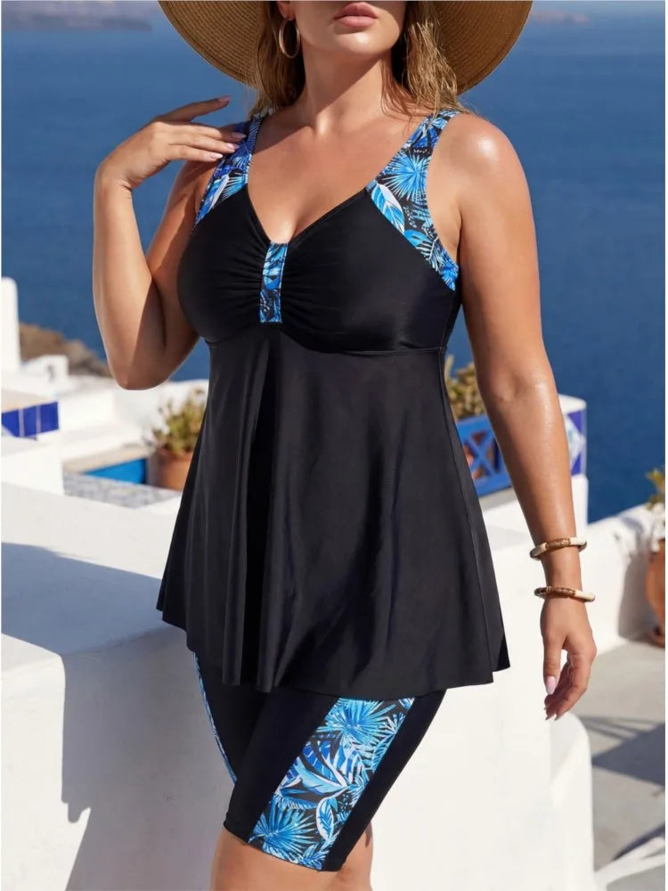 Women's Contrast Trim Swimdress Top and Long Shorts Set