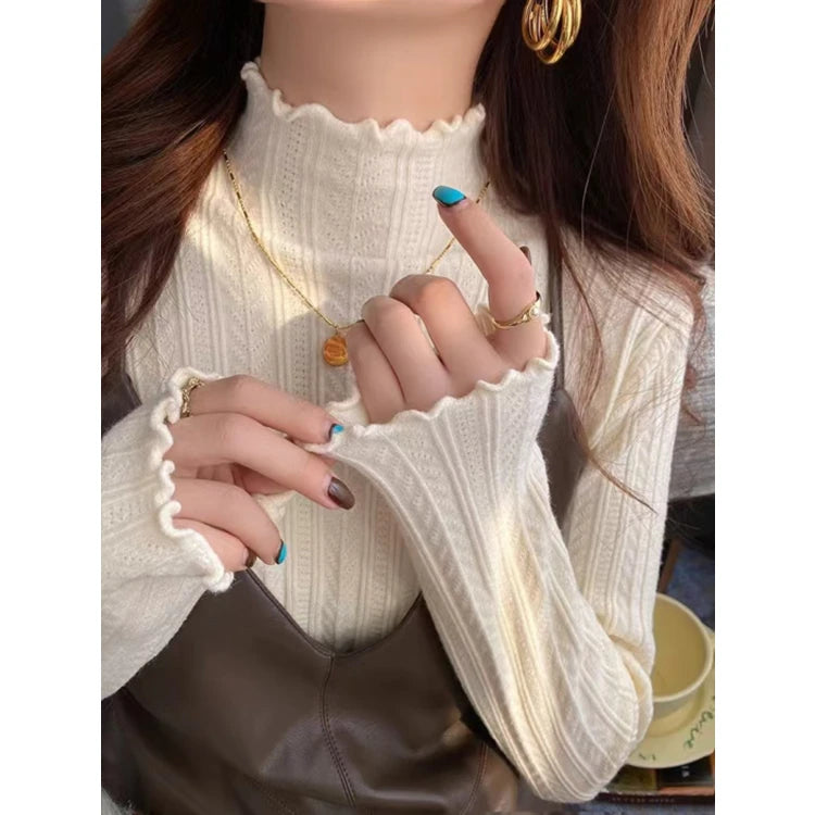 Women's Lettuce Trim Mock Neck Ribbed Sweater Casual Knit Layer