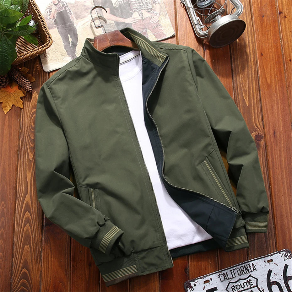 Solid Long Sleeve Casual Front Zip Bomber Style Jacket