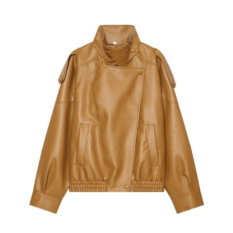 Women's Stand Collar Faux Leather Jacket for Layered Outfits