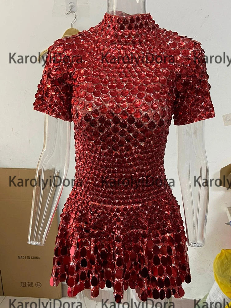 Women's Disc Sequin Mini Dance Dress with Short Sleeves and High Neck