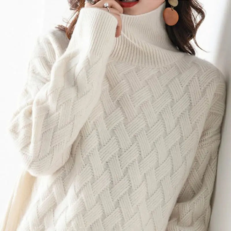 Women's Wool-Polyester Solid Long-Sleeve Turtleneck Loose Knit Pullover Sweater for Winter Outfits