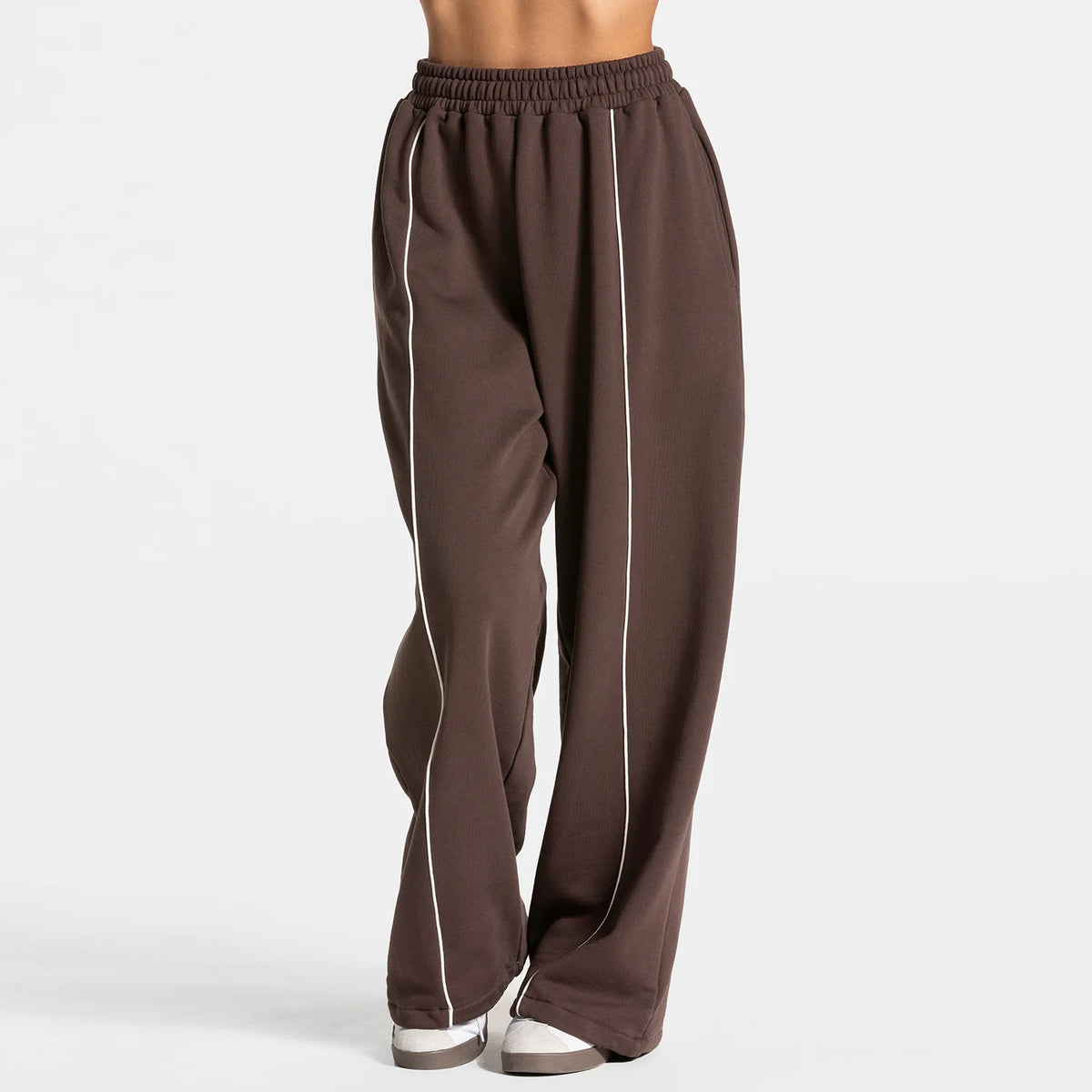 Women's Wide Leg Workout Pants with Double Waistband and Contrast Piping