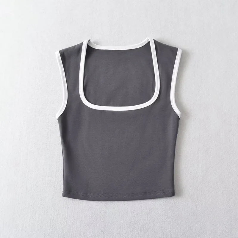 Women's Square Neck Crop Top with Contrast Trim and Cropped Length