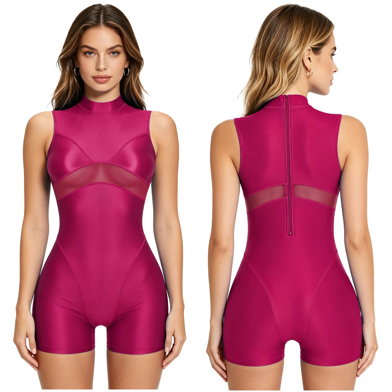 Women's Sleeveless Nylon Mesh Romper with a Mock Neck and Back Zip