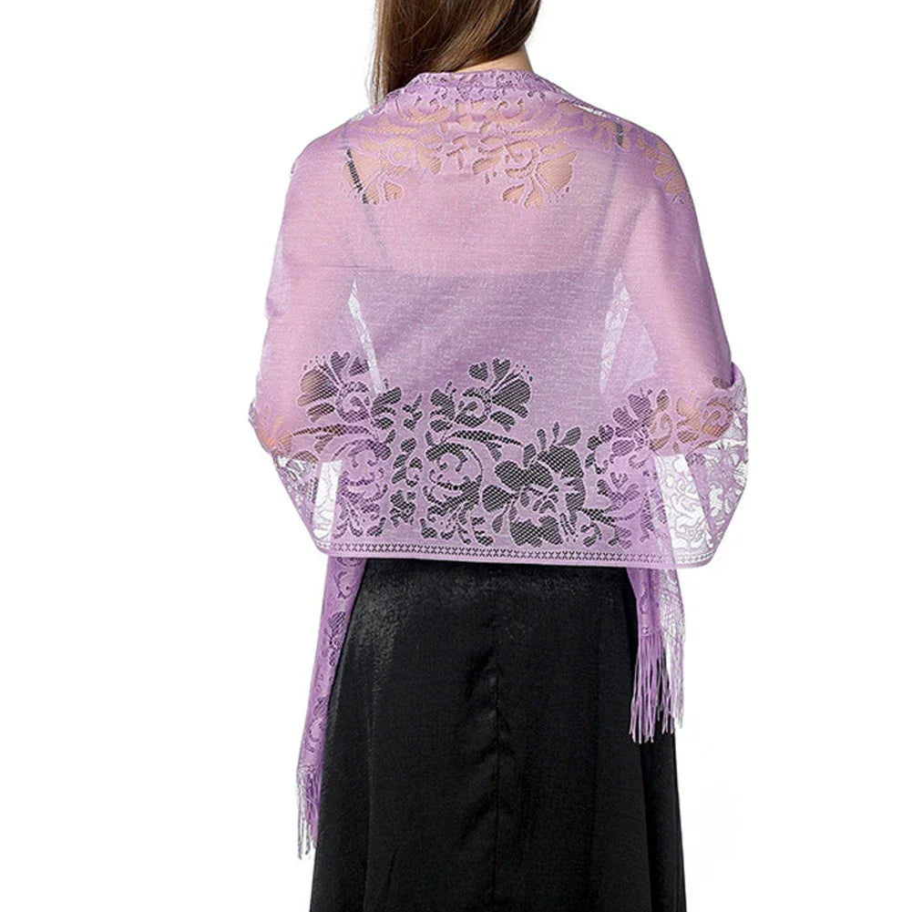 Floral Lace Fringed Wrap Scarf for Layering over Outfits