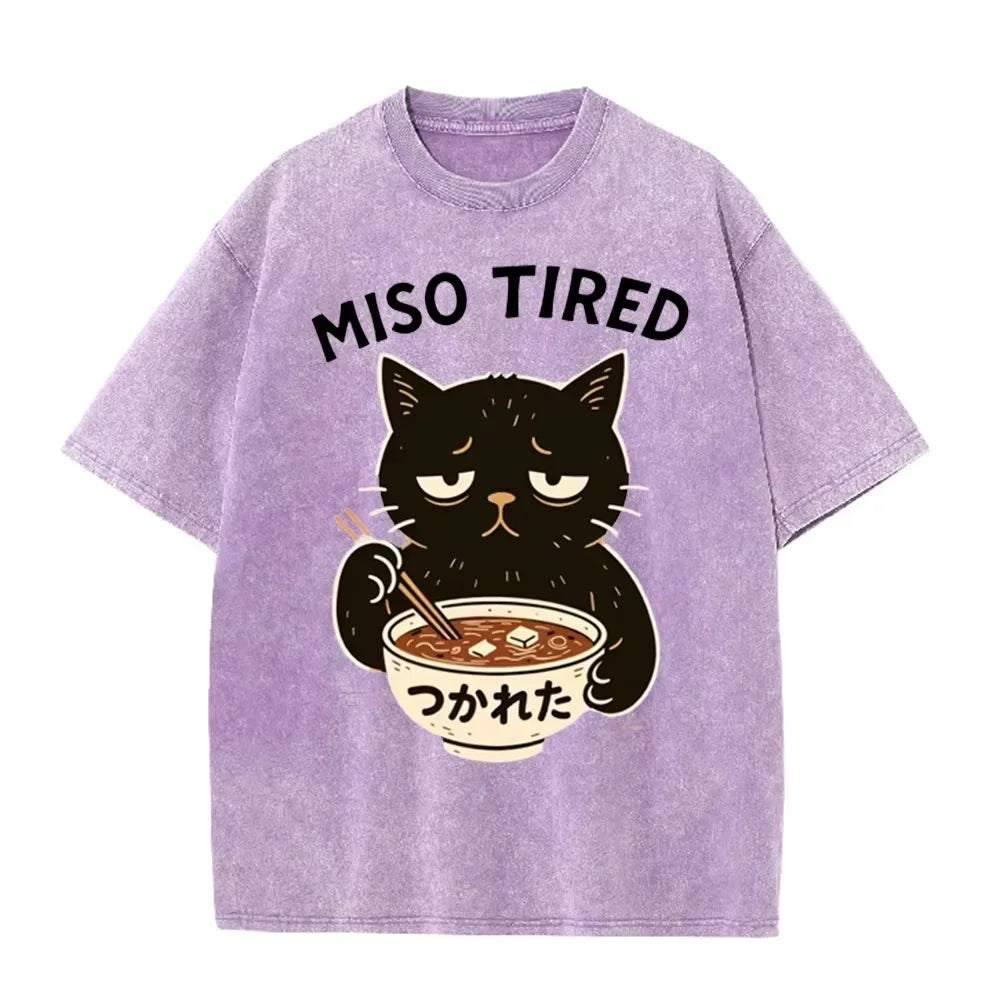 Vintage Washed Purple Miso Tired Black Cat Miso Soup Casual T Shirt