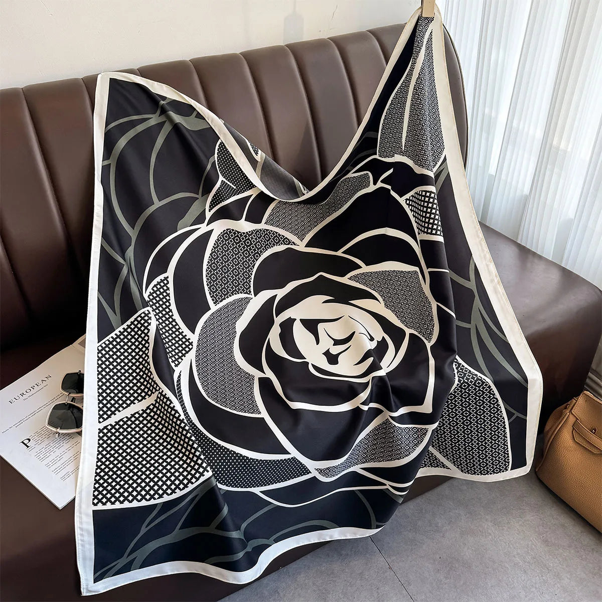 Printed Large Square Scarf with Decorative Border Designs