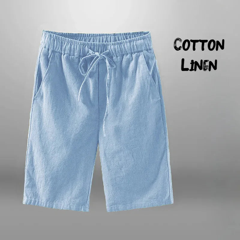 Men’s Cotton-Linen Knee-Length Drawstring Shorts with Pockets and Regular Fit