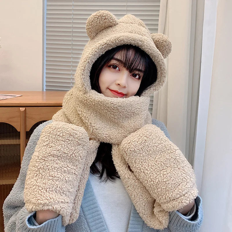 Teddy Bear Plush Hooded Hat Scarf and Gloves Integrated Winter Set