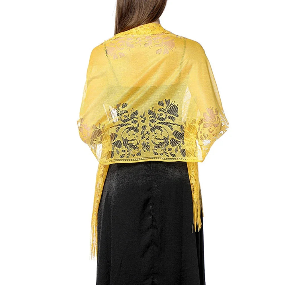 Floral Lace Fringed Wrap Scarf for Layering over Outfits