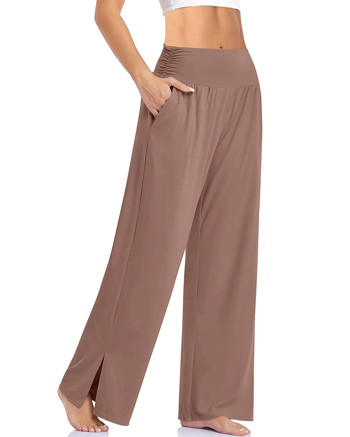 Women's High Waist Polyester Blend Wide Leg Pants with Ankle Slits