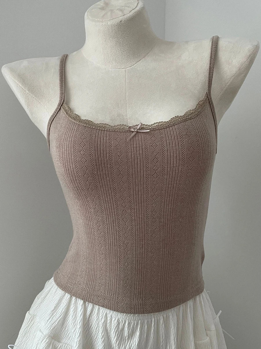 Women's Lace Trim Cotton Camisole with Bow Detail and Multiple Pattern Options