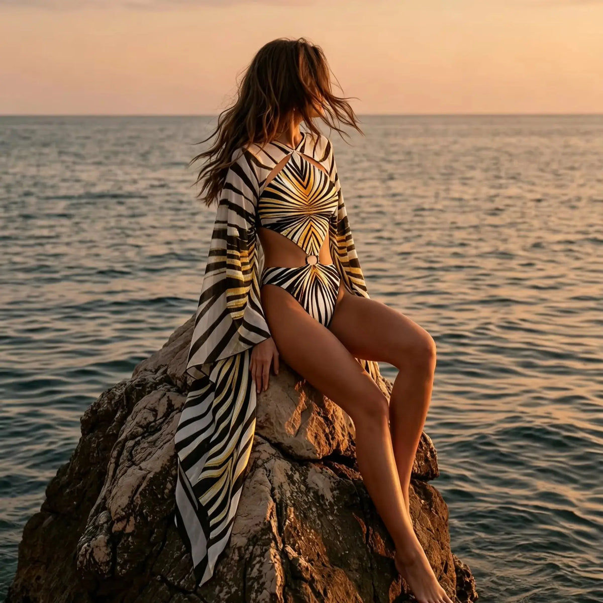 Printed Long Sleeve Swimsuit with Long Skirt