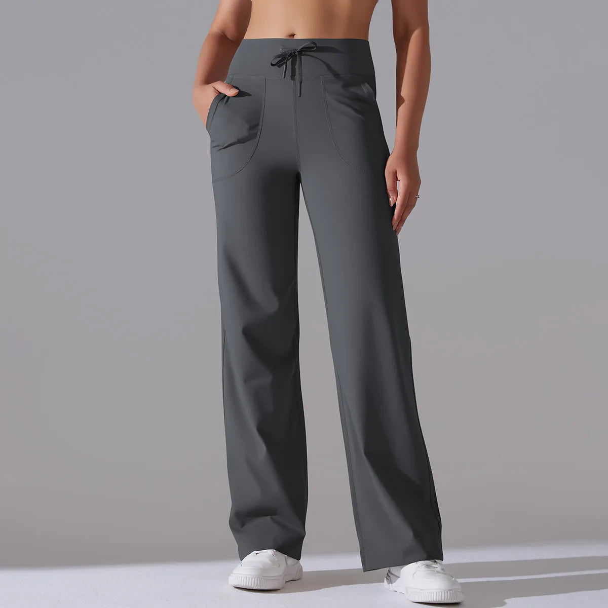 Women's Drawstring Waist Nylon Blend Wide Leg Pants with Extended Length Options
