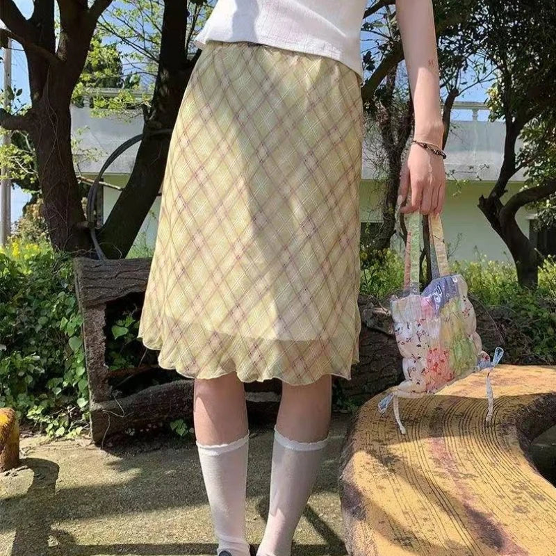 Women's Polyester High-Waist Plaid A-Line Midi Skirt for Casual Everyday Summer Outfits