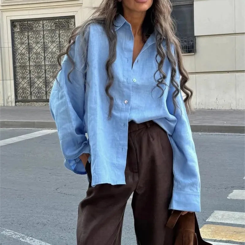 Women's Loose Collared Long Sleeve Button Front Shirt