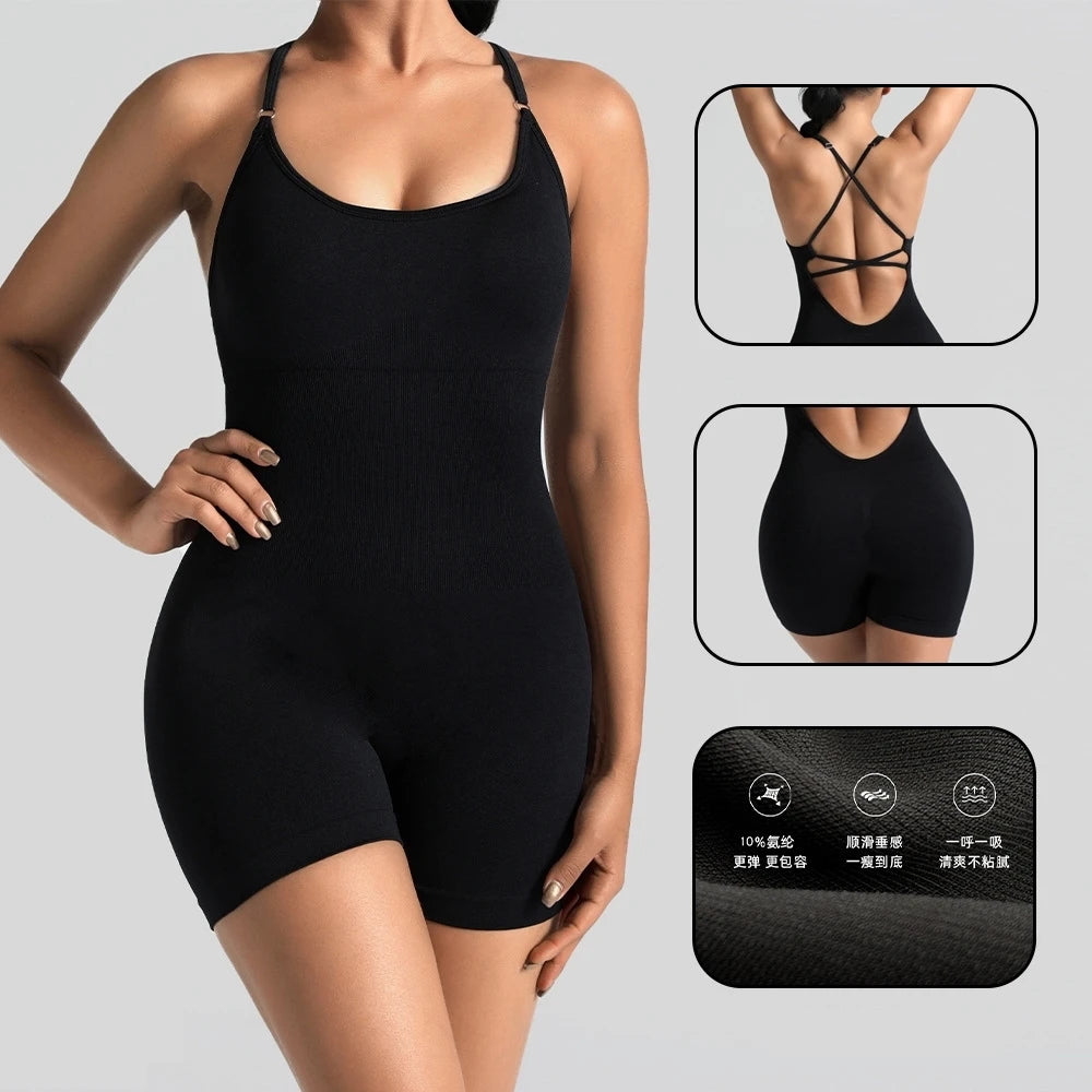 Women's Lace Up Cross Back Nylon Blend Workout Romper with Thin Straps