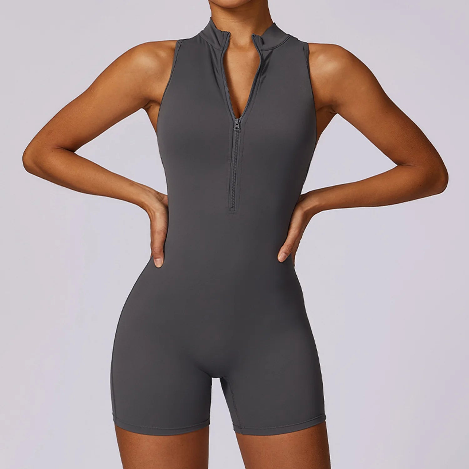 Women's Sleeveless Nylon Blend Zip Front Romper with Racerback Cutout