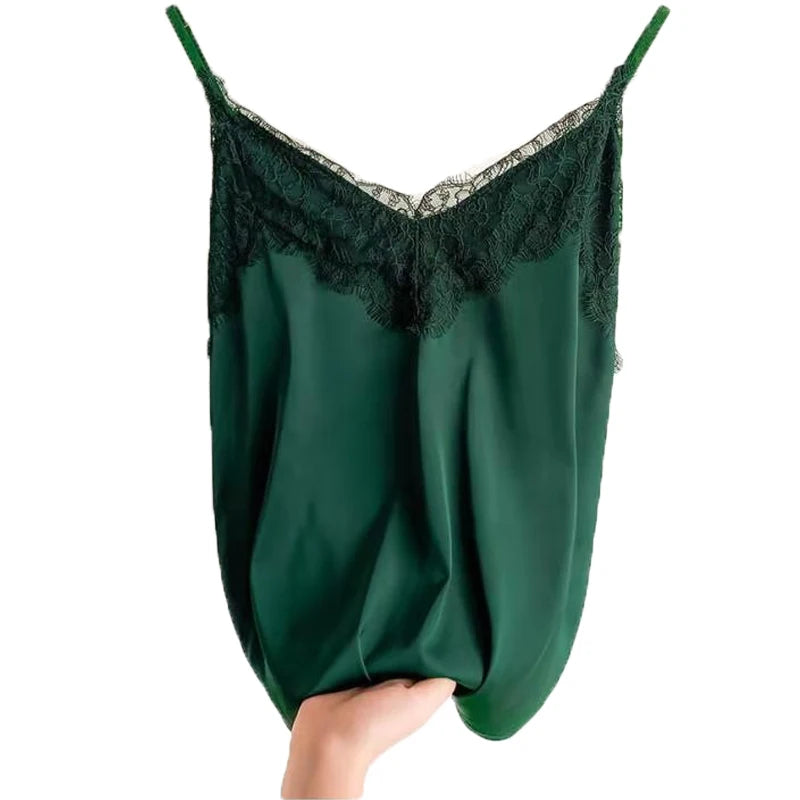 Women's Lace Trim Satin Polyester Camisole with Thin Straps and V Neck