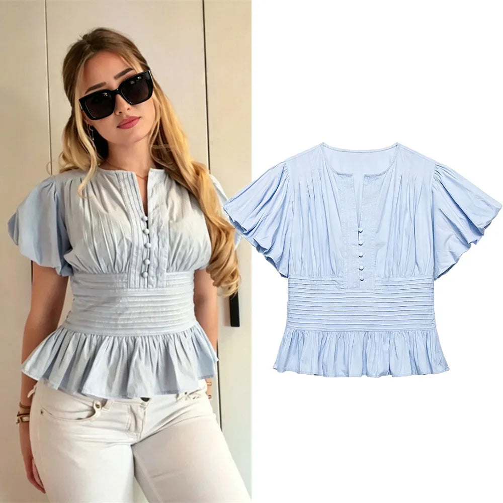 Women's Smocked Waist Ruffle Hem Short Sleeve Blouse