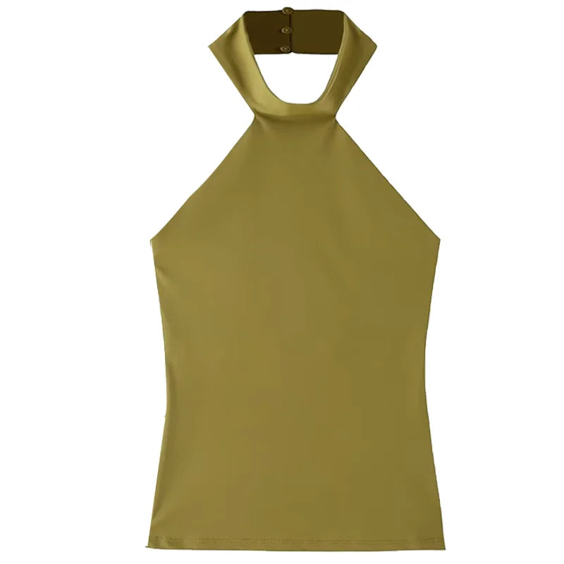 Women's Solid Polyester Halter Top with an Open Back and Fitted Shape