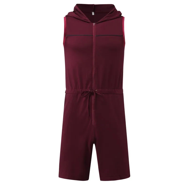 Men's Sleeveless Hooded Zip Front Short Pajama Romper