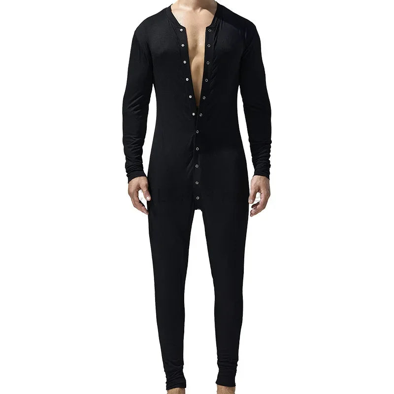 Men's Button Front Long Sleeve Pajama Jumpsuit for Home Wear