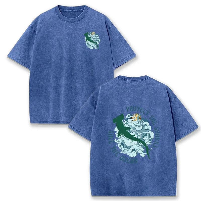 Distressed Vintage Washed Tee Double Print Shark Wave Protect Ocean Letter Loose Fit Short Sleeve T Shirts