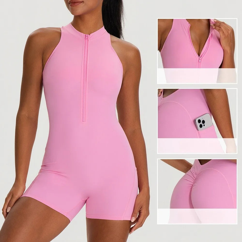 Women's Halter Neck Nylon Blend Workout Romper with Front Zip