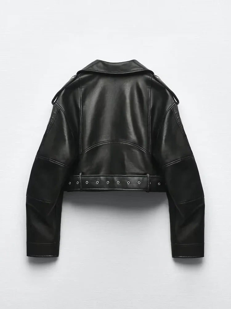 Women's Belted Faux Leather Biker Jacket for Layered Outfits