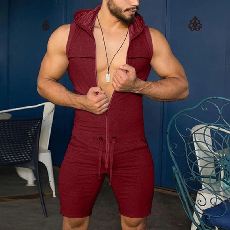 Men's Sleeveless Hooded Zip Front Short Pajama Romper
