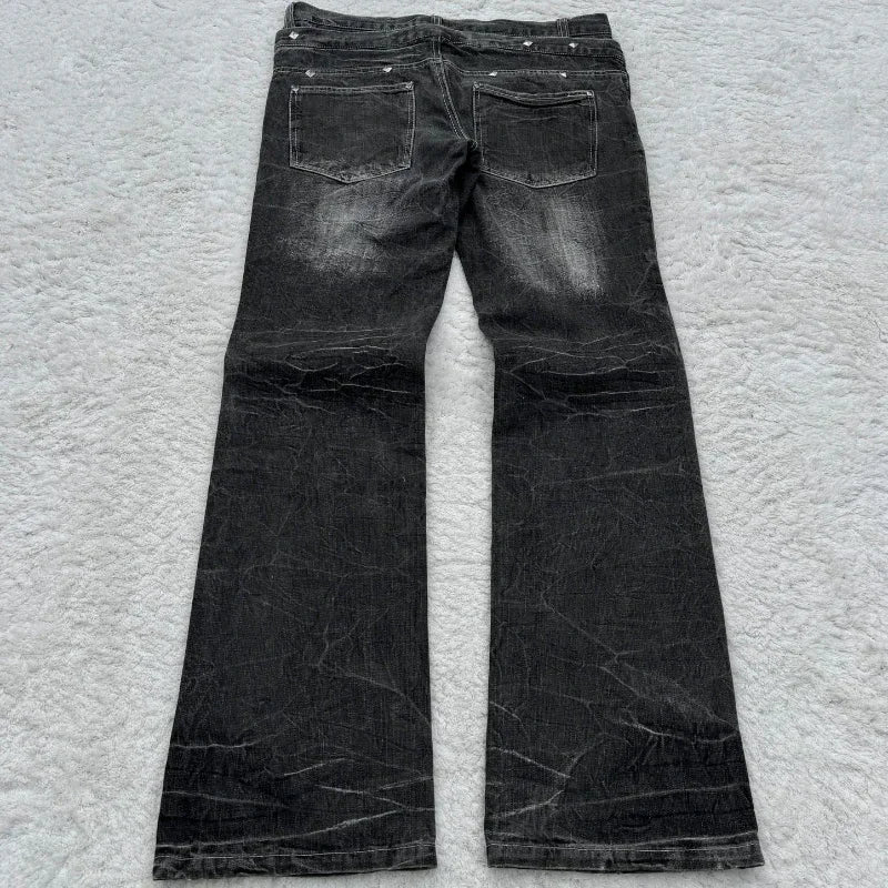 Women's Lace Double Waist Distressed Flared Denim Jeans