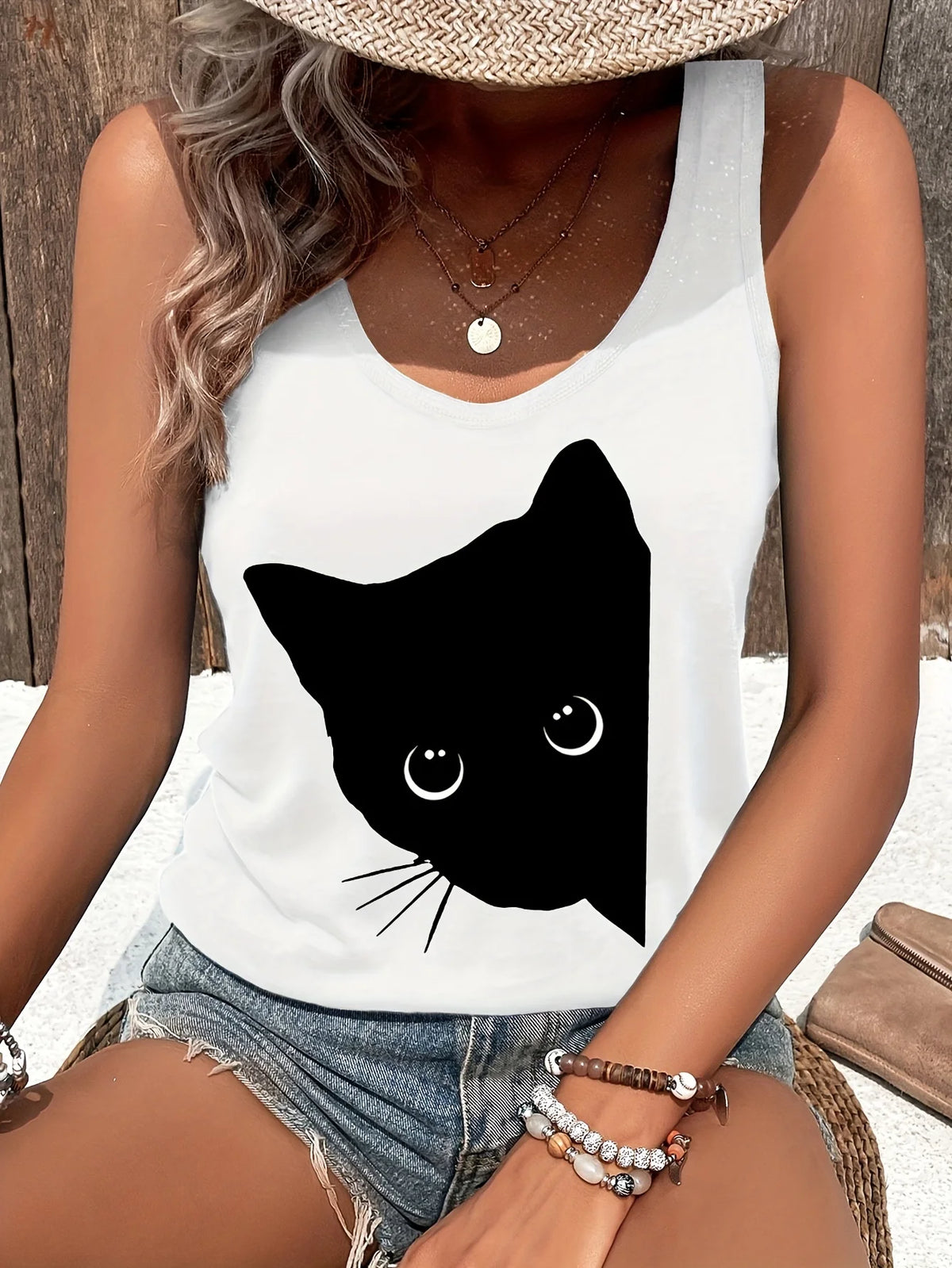Women's Printed Polyester Tank Top with Round Neck and Relaxed Sleeveless Cut