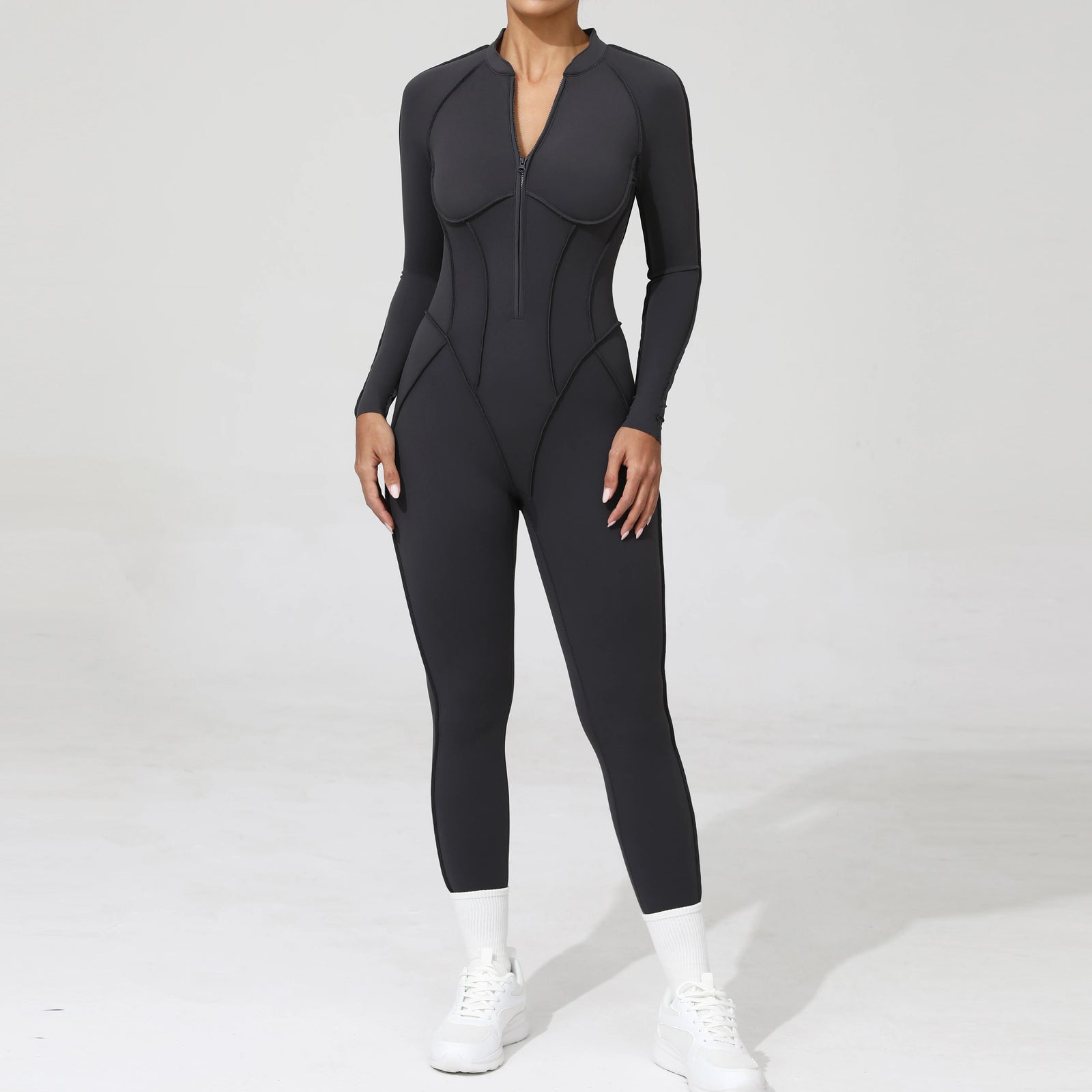 Women's Long Sleeve Zip Front Back Cutout Workout Jumpsuit