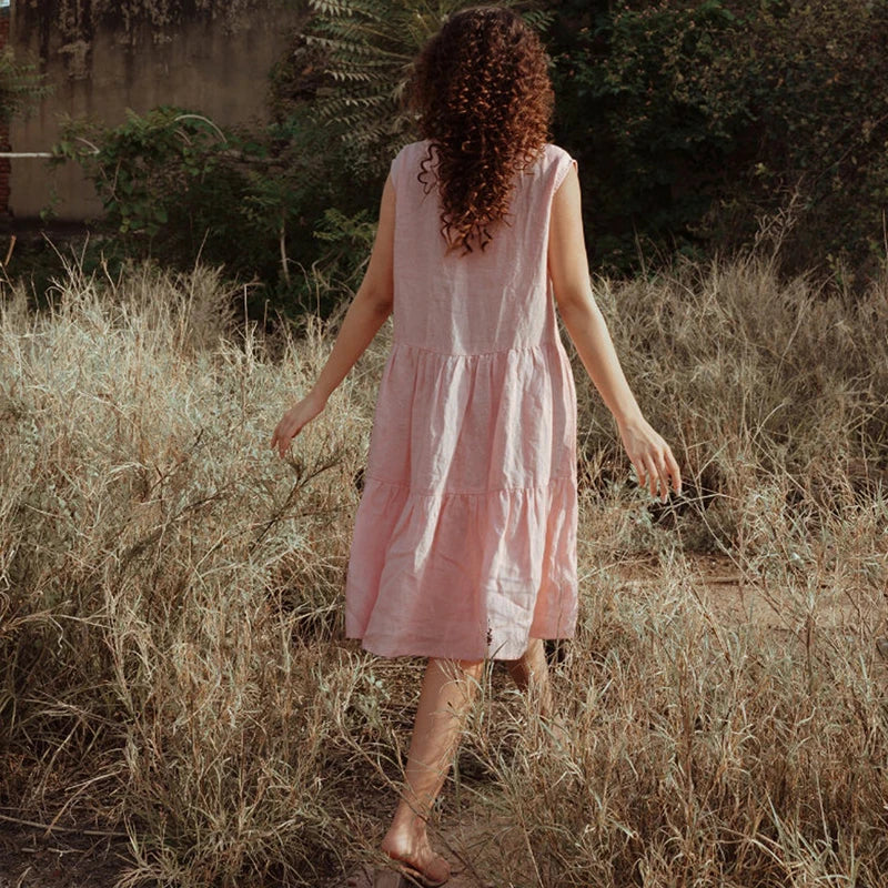 Women's Cotton-Linen Sleeveless Loose A-Line Midi Dress with Ruffles for Summer Outfits