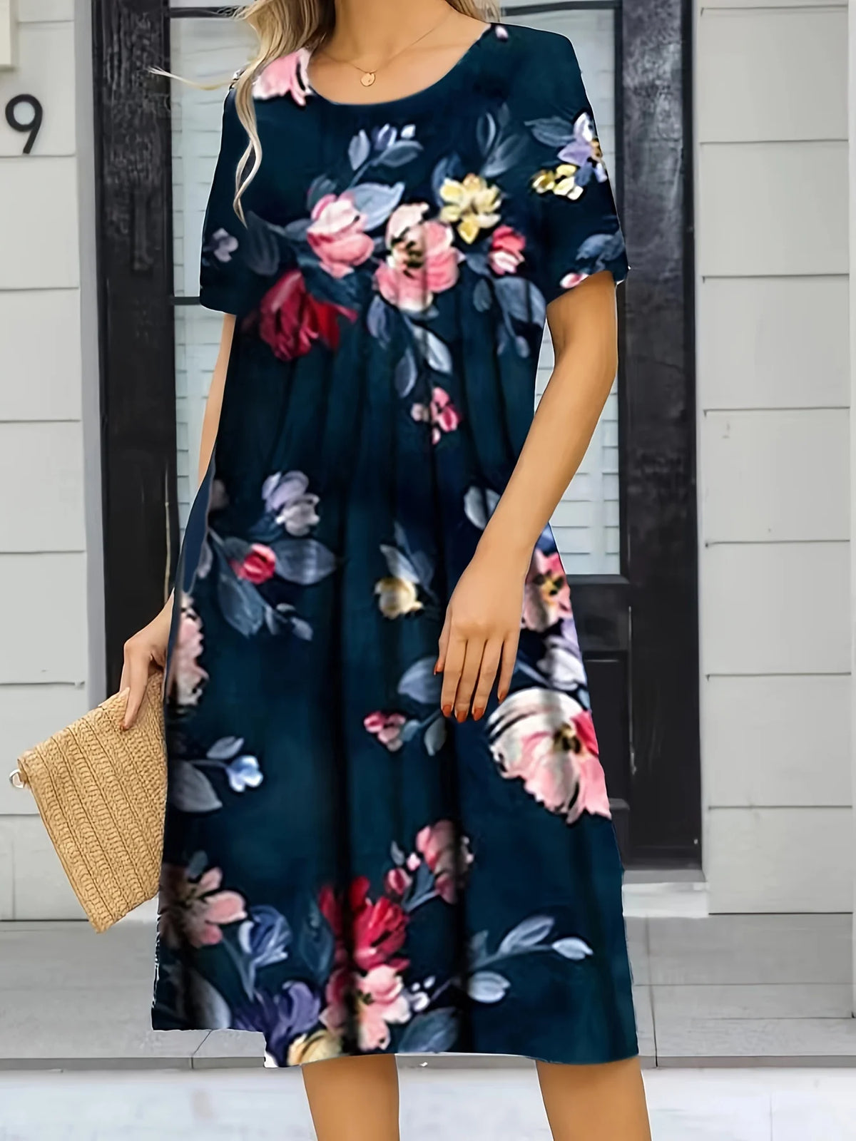 Women's Polyester Floral-Print Short-Sleeve Round-Neck A-Line Knee-Length Dress for Casual Everyday Outfits