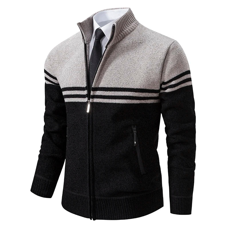 Men's Contrast Stripe Zip Front Knit Cardigan