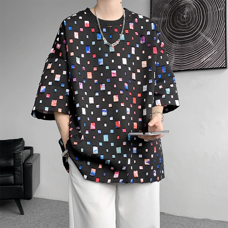 Summer Short Sleeved T-shirt Men Hollow Out Oversized Plaid T Shirt Men Streetwear Hip Hop Loose Casual Tshirt Male 5XL