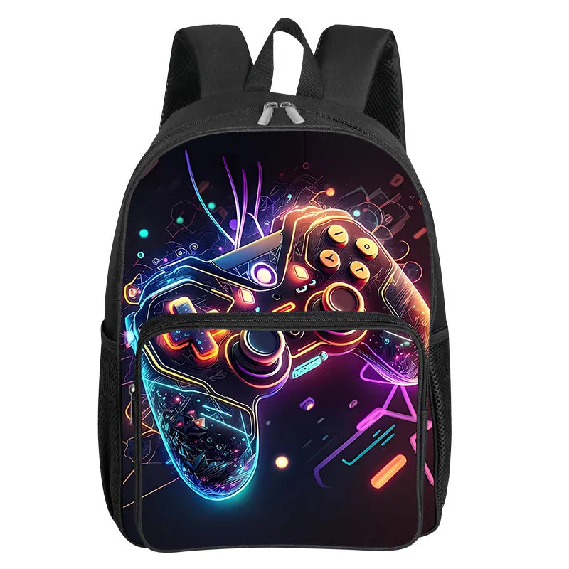 Children's Gamepad Print Backpack with Front Pocket and Twin Shoulder Straps