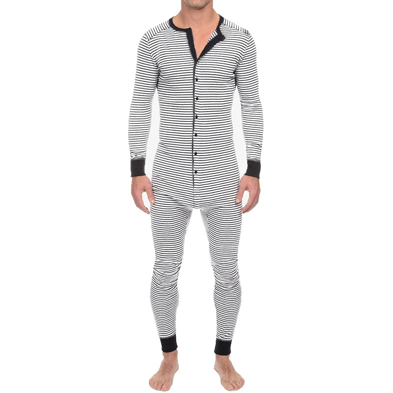 Men's Striped Button Front Long Sleeve Pajama Lounge Jumpsuit